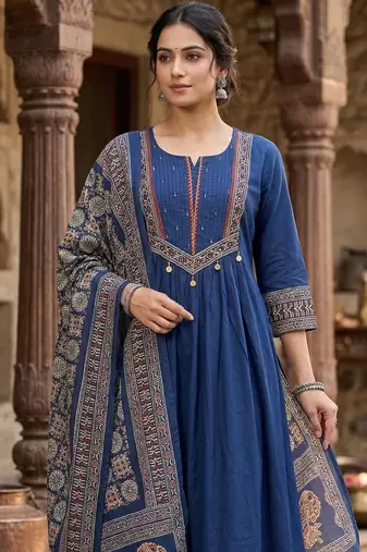 Blue printed pure cotton kurta trouser dupatta set