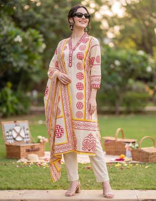 Beige printed pure cotton kurta trouser dupatta set 1