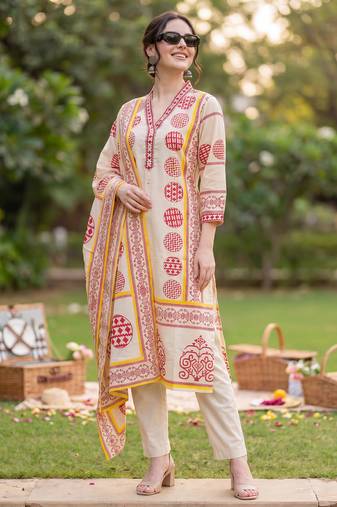 Beige printed pure cotton kurta trouser dupatta set