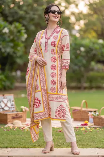 Beige printed pure cotton kurta trouser dupatta set