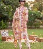 Beige printed pure cotton kurta trouser dupatta set