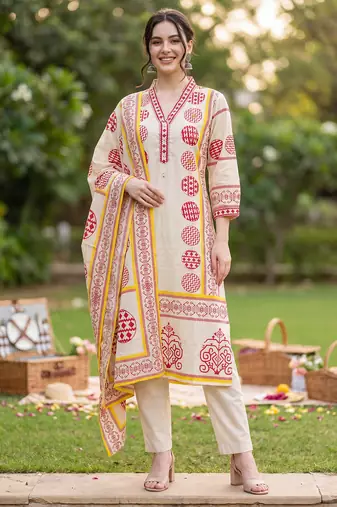 Beige printed pure cotton kurta trouser dupatta set