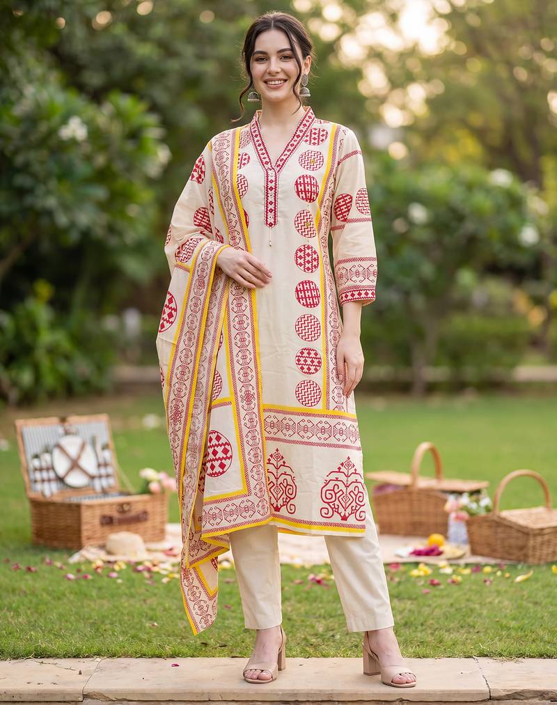 Beige printed pure cotton kurta trouser dupatta set