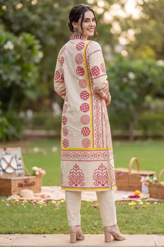 Beige printed pure cotton kurta trouser dupatta set