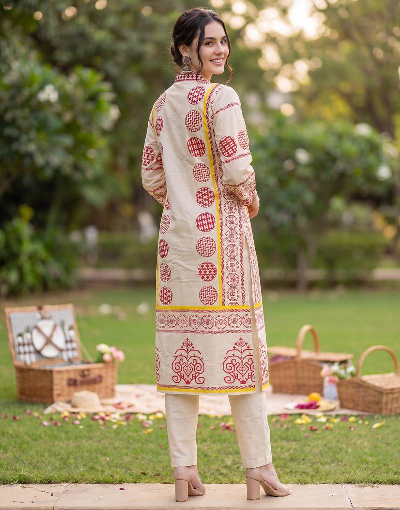 Beige printed pure cotton kurta trouser dupatta set