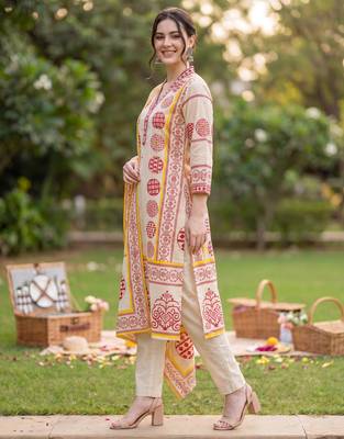 Beige printed pure cotton kurta trouser dupatta set 4