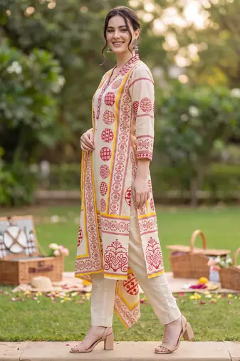 Beige printed pure cotton kurta trouser dupatta set