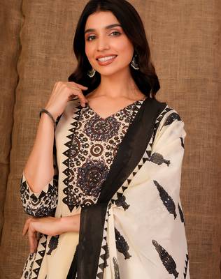 Cream printed pure cotton kurta trouser dupatta set 1