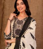 Cream printed pure cotton kurta trouser dupatta set