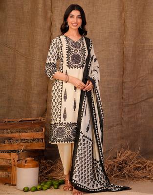 Cream printed pure cotton kurta trouser dupatta set 2