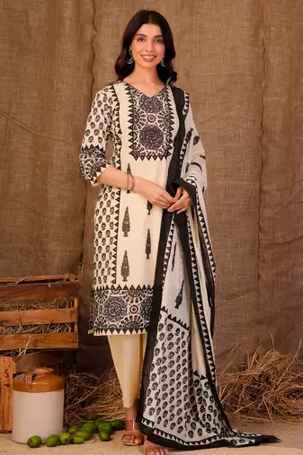 Cream printed pure cotton kurta trouser dupatta set