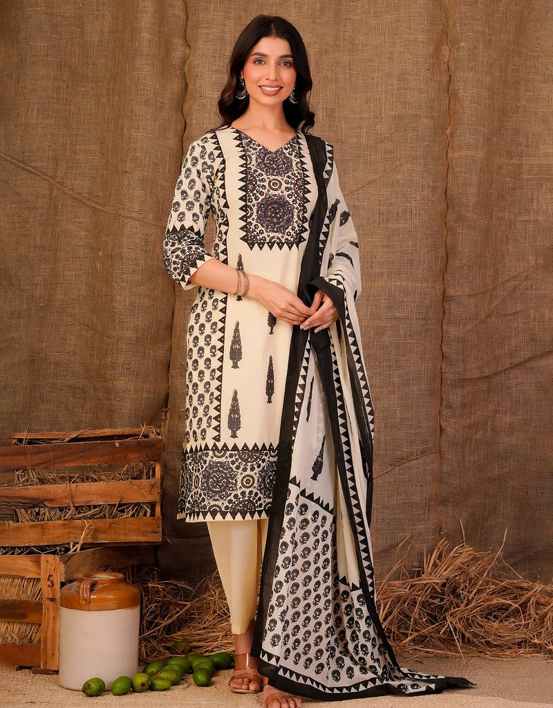 Cream printed pure cotton kurta trouser dupatta set