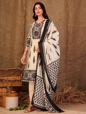 Cream printed pure cotton kurta trouser dupatta set 3