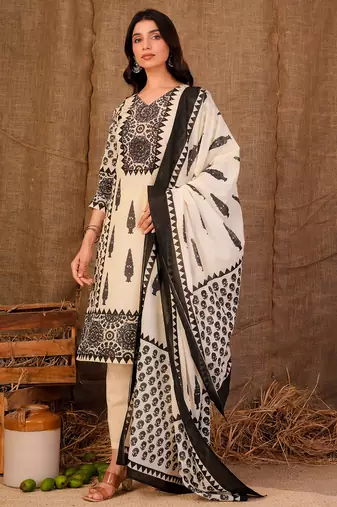 Cream printed pure cotton kurta trouser dupatta set