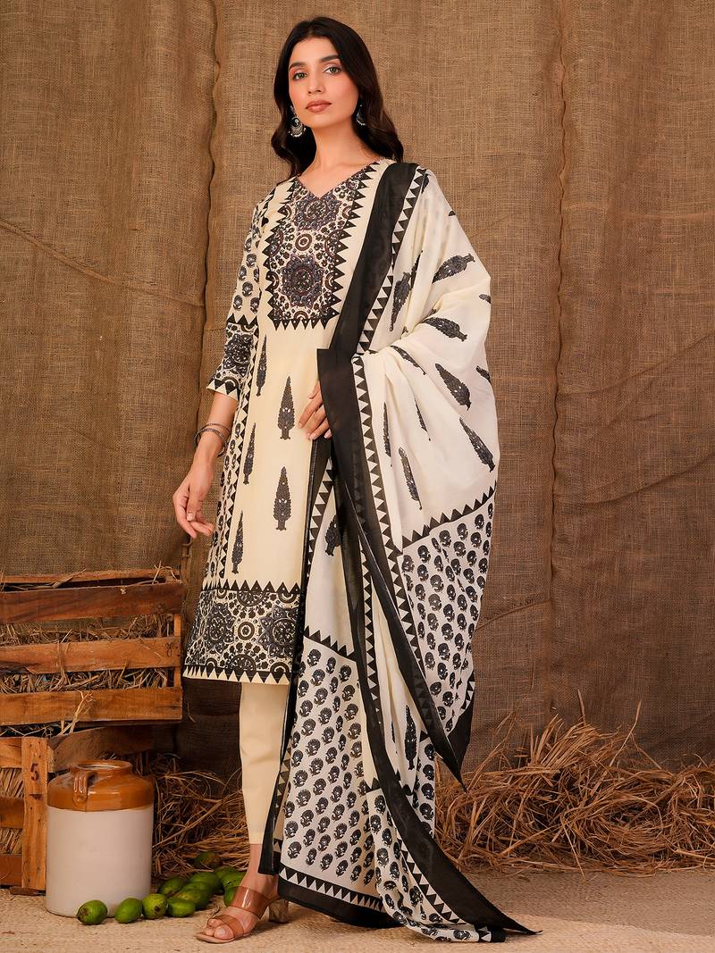 Cream printed pure cotton kurta trouser dupatta set