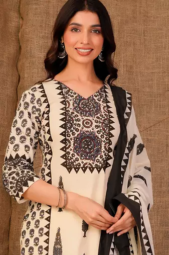 Cream printed pure cotton kurta trouser dupatta set