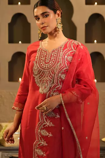 Red embroidered liva kurta trouser dupatta set