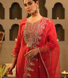 Red embroidered liva kurta trouser dupatta set