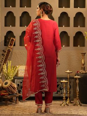 Red embroidered liva kurta trouser dupatta set 3
