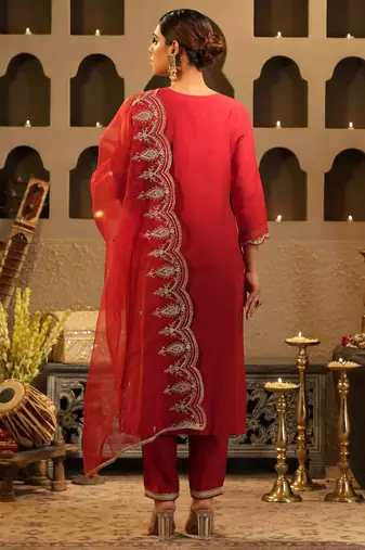 Red embroidered liva kurta trouser dupatta set