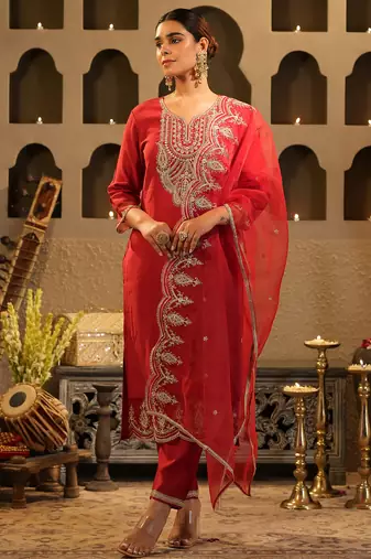 Red embroidered liva kurta trouser dupatta set