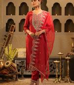 Red embroidered liva kurta trouser dupatta set