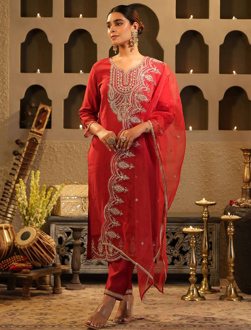 Red embroidered liva kurta trouser dupatta set
