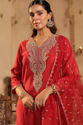 Red embroidered liva kurta trouser dupatta set