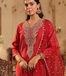 Red embroidered liva kurta trouser dupatta set