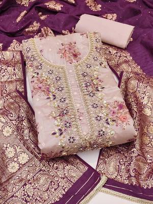 floral embroidered beads & stones chanderi cotton unstitched dress material 2
