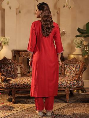 Red embroidered liva kurta trouser dupatta set 3