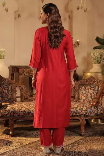 Red embroidered liva kurta trouser dupatta set