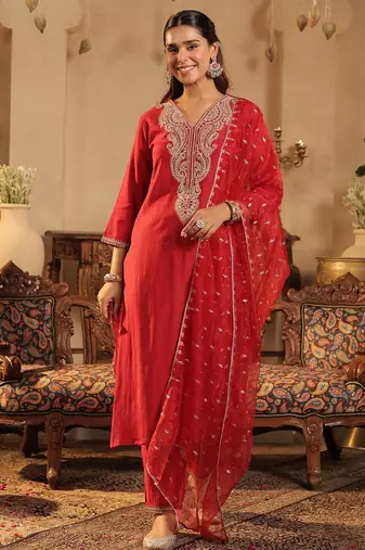 Red embroidered liva kurta trouser dupatta set