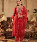 Red embroidered liva kurta trouser dupatta set