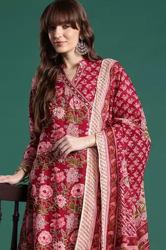 Burgundy printed pure cotton kurta trouser dupatta set