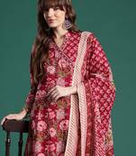 Burgundy printed pure cotton kurta trouser dupatta set