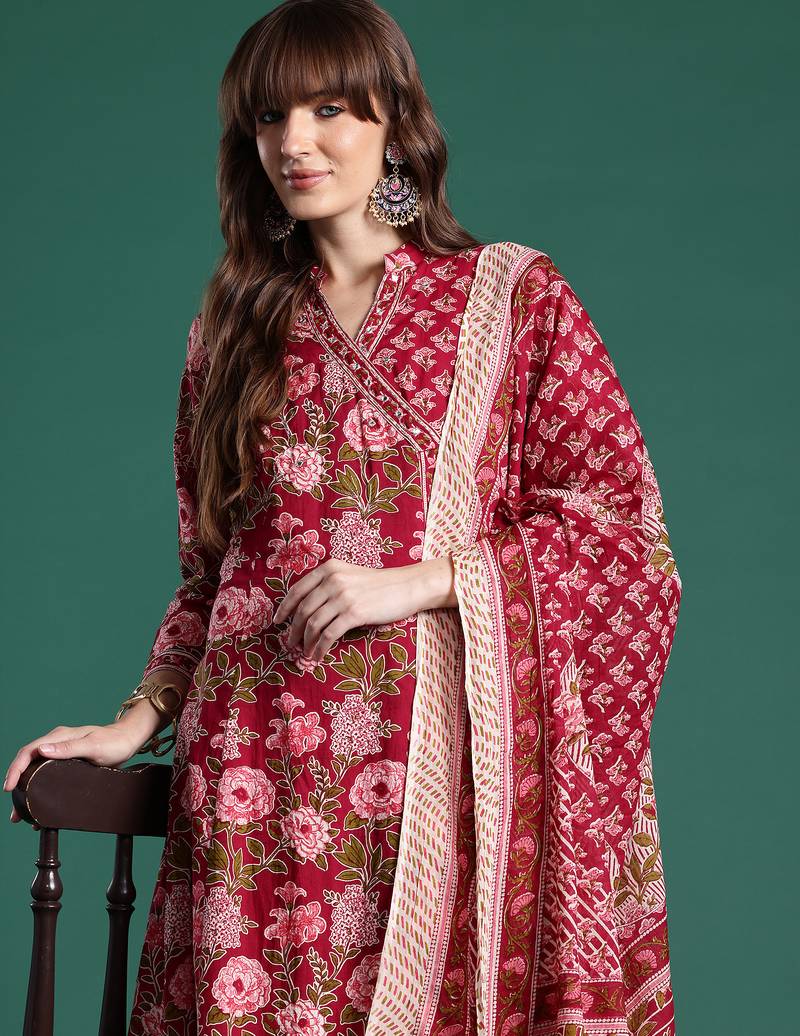 Burgundy printed pure cotton kurta trouser dupatta set