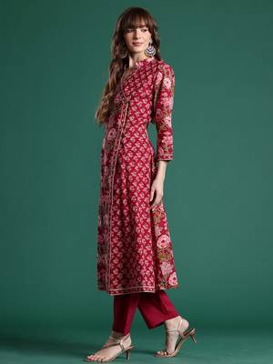 Burgundy printed pure cotton kurta trouser dupatta set 2