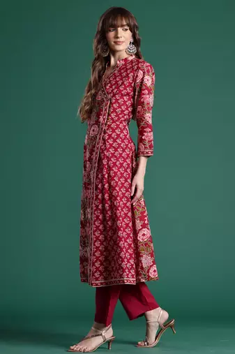 Burgundy printed pure cotton kurta trouser dupatta set