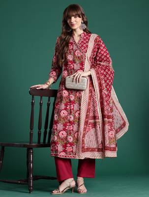 Burgundy printed pure cotton kurta trouser dupatta set 3