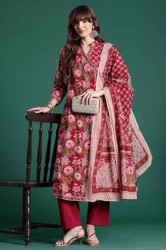 Burgundy printed pure cotton kurta trouser dupatta set
