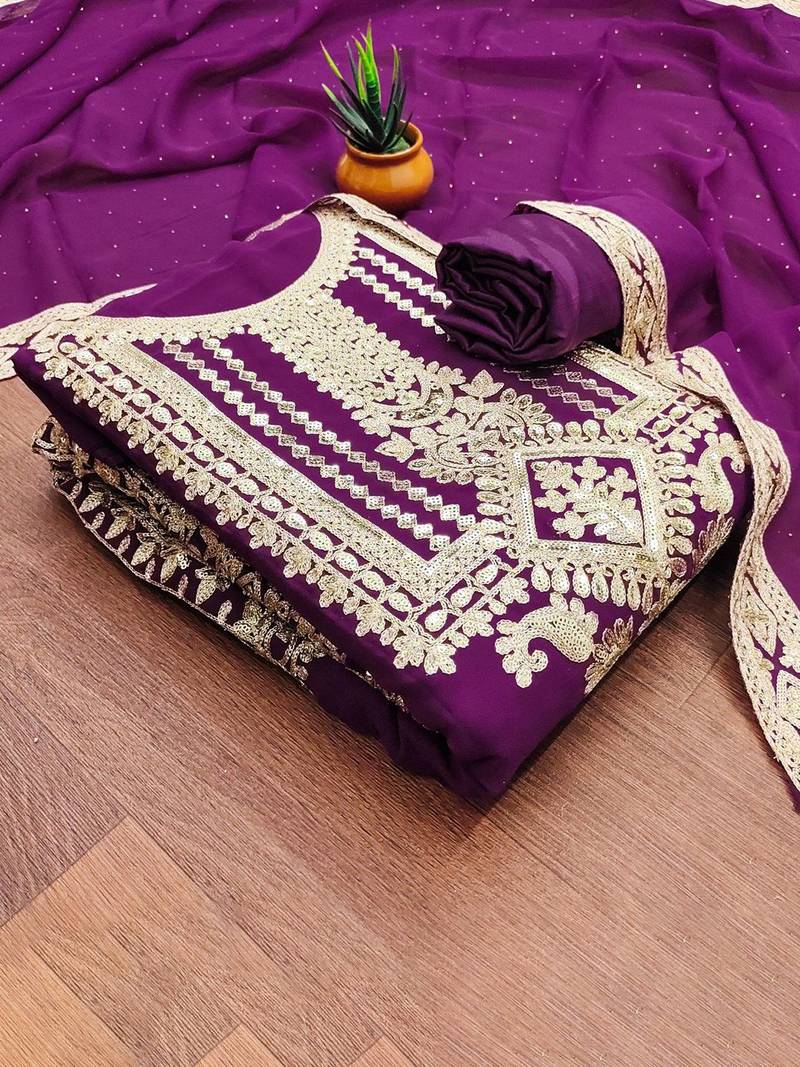 Ethnic Motifs Embroidered Sequinned Georgette Unstitched Dress Material