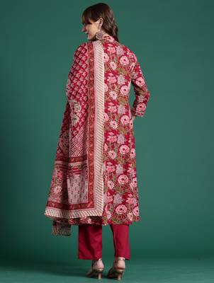 Burgundy printed pure cotton kurta trouser dupatta set 4