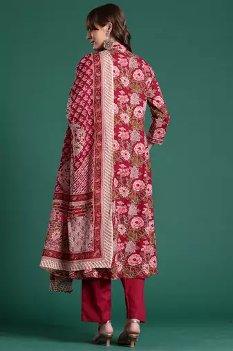 Burgundy printed pure cotton kurta trouser dupatta set