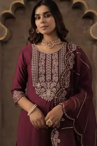 Burgundy embroidered liva kurta trouser dupatta set