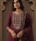 Burgundy embroidered liva kurta trouser dupatta set