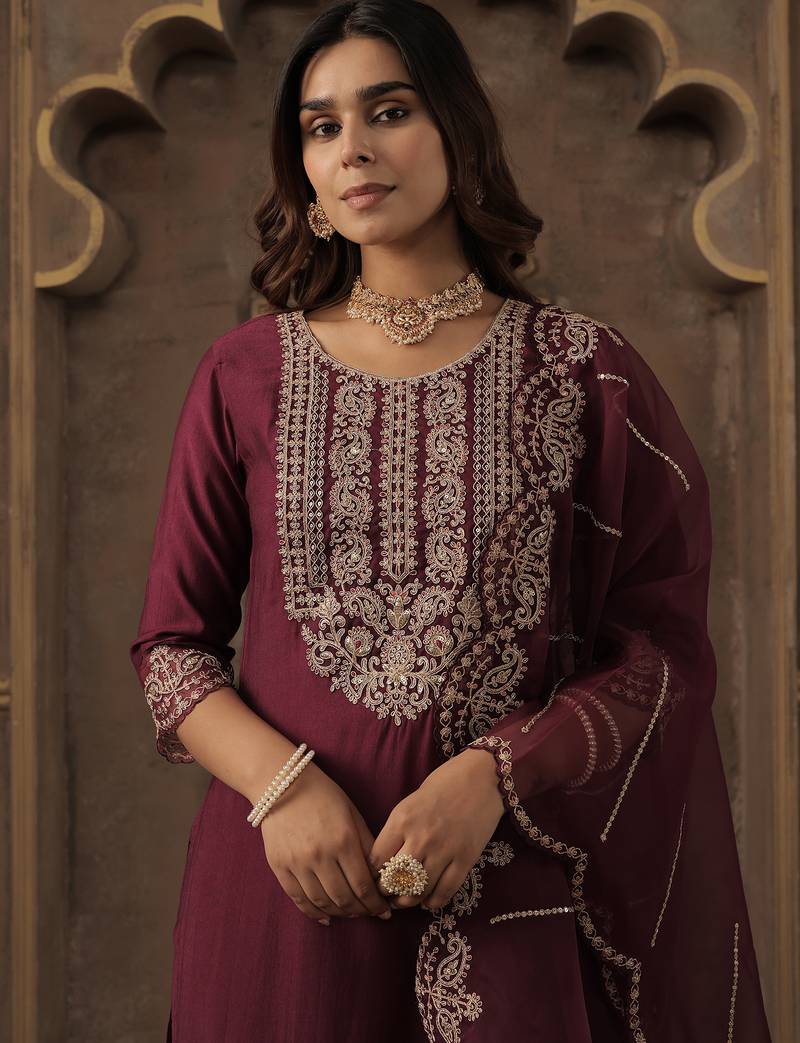 Burgundy embroidered liva kurta trouser dupatta set