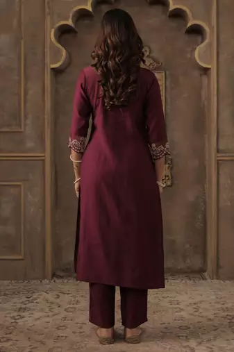 Burgundy embroidered liva kurta trouser dupatta set
