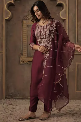 Burgundy embroidered liva kurta trouser dupatta set