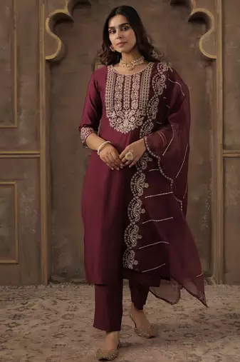 Burgundy embroidered liva kurta trouser dupatta set